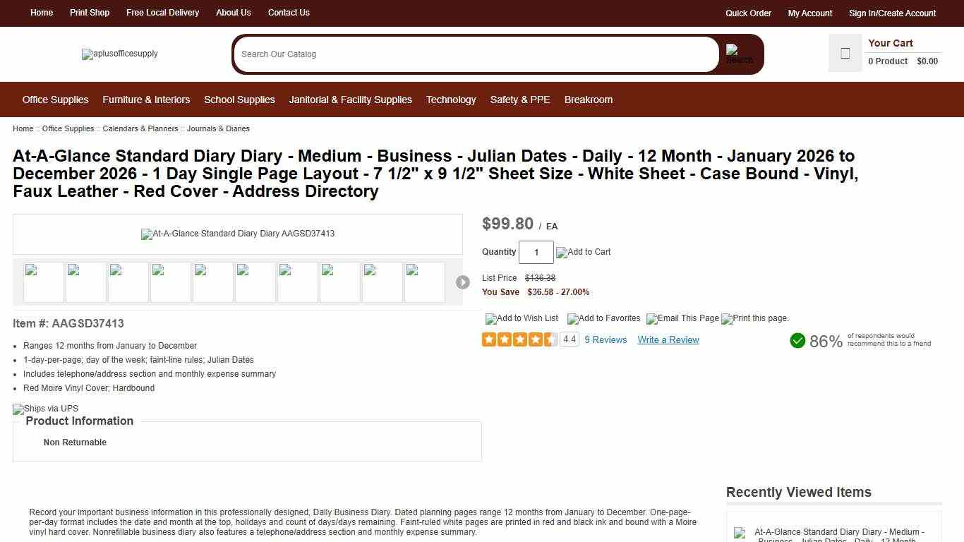 At-A-Glance Standard Diary Diary - Medium - Business - Julian Dates - Daily - 12 Month - January 2026 to December 2026 - 1 Day Single Page Layout - 7 1/2" x 9 1/2" Sheet Size - White Sheet - Case Bound - Vinyl, Faux Leather - Red Cover - Address Directory - aplusofficesupply